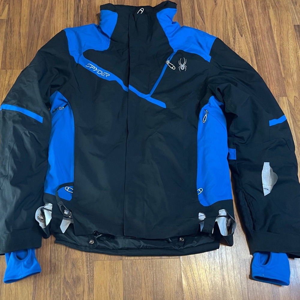 Spyder Ski Jacket Mens Large Blue Black Thinsulate Insulated Hooded Winter Coat